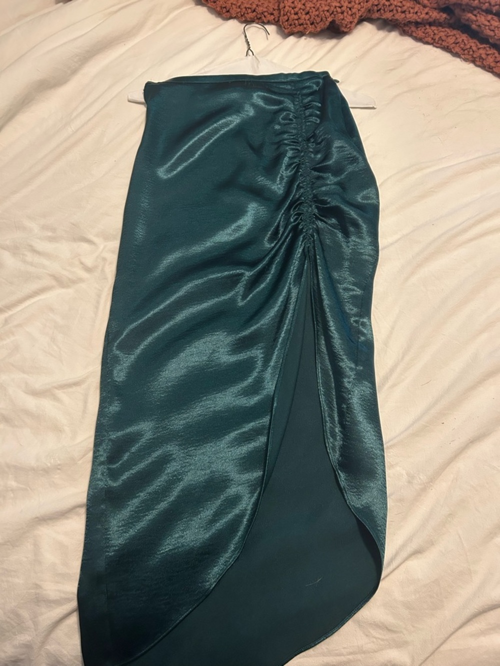 BB Dakota Teal Satin High-Low Ruched Skirt